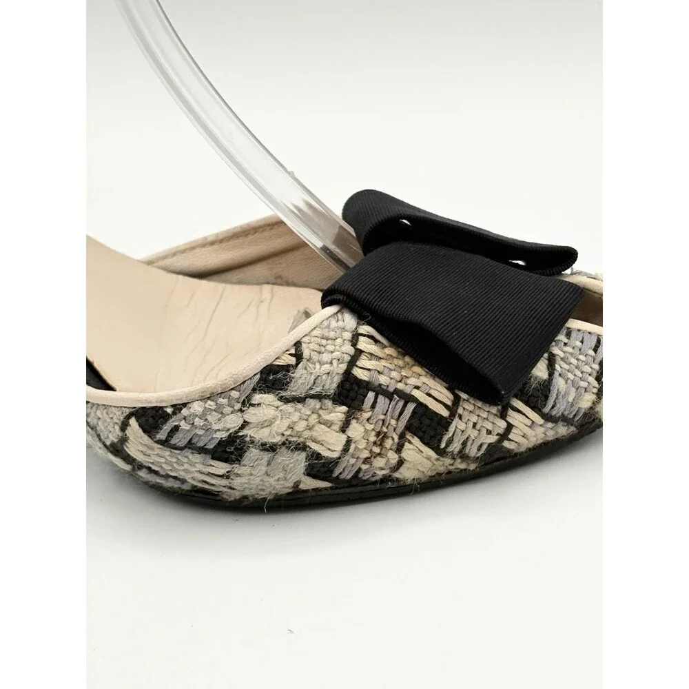 Chanel S/S 2005 Blue & White Tweed Heels w/ Black Bow Accent Vintage EU 36.5